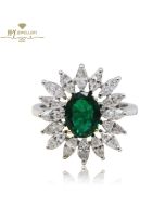 White Gold Oval Cut Emerald & Marquise Cut Diamond Floral Shape Ring - 2.83ct