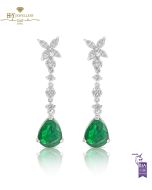White Gold Pear Cut Emerald & Brilliant Cut Diamond Earrings - 3.59 ct